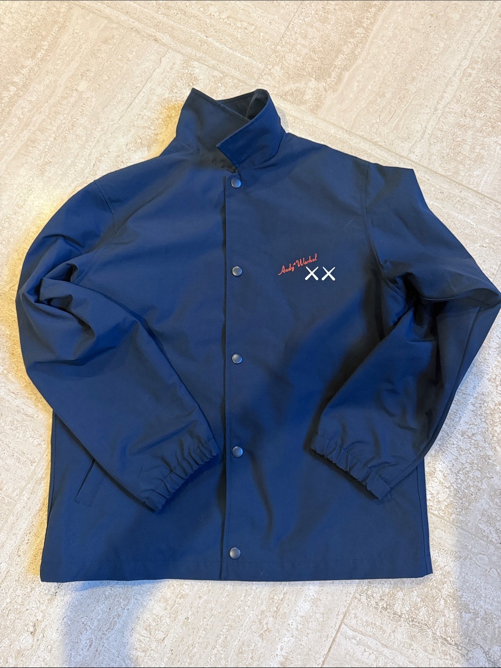 NWT. Kids Navy Blue KAWS + Andy Warhol Coach Jacket. Size 160.